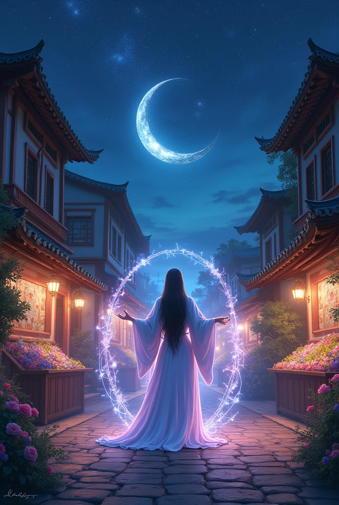 Jiebing、magic、night、Crescent Moon、A starry sky、shooting star、market、Open-air business、Cobblestone Street、Western city、Plants、flower