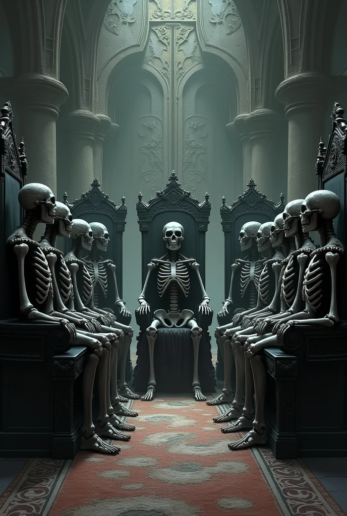 9 skeletons sitting on their throne in a half circle next to their leader 