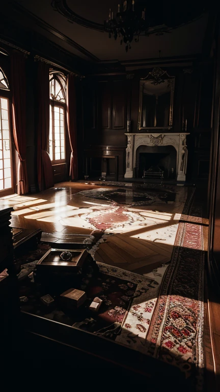 The interior of a luxurious, old mansion with a blood-stained rug in the center. Several lifeless bodies are scattered around, and the room is in disarray. The lighting is dark and moody, enhancing the sense of foreboding.