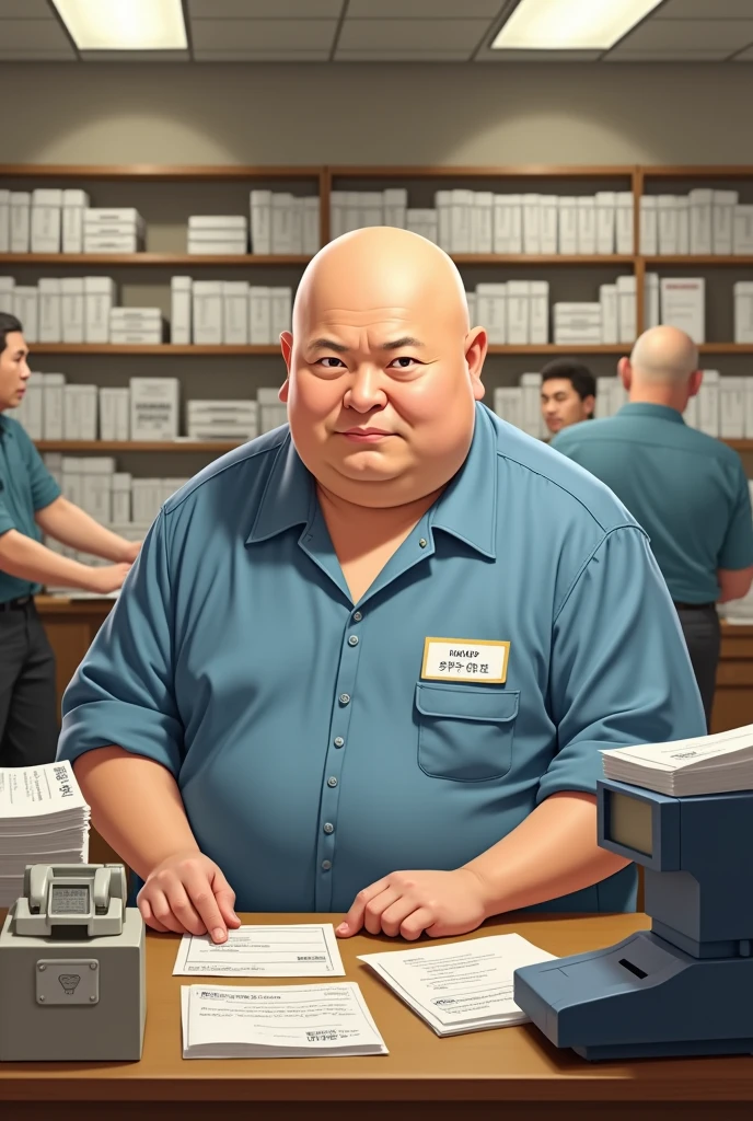 create a bald chubby Japanese guy working at the post office