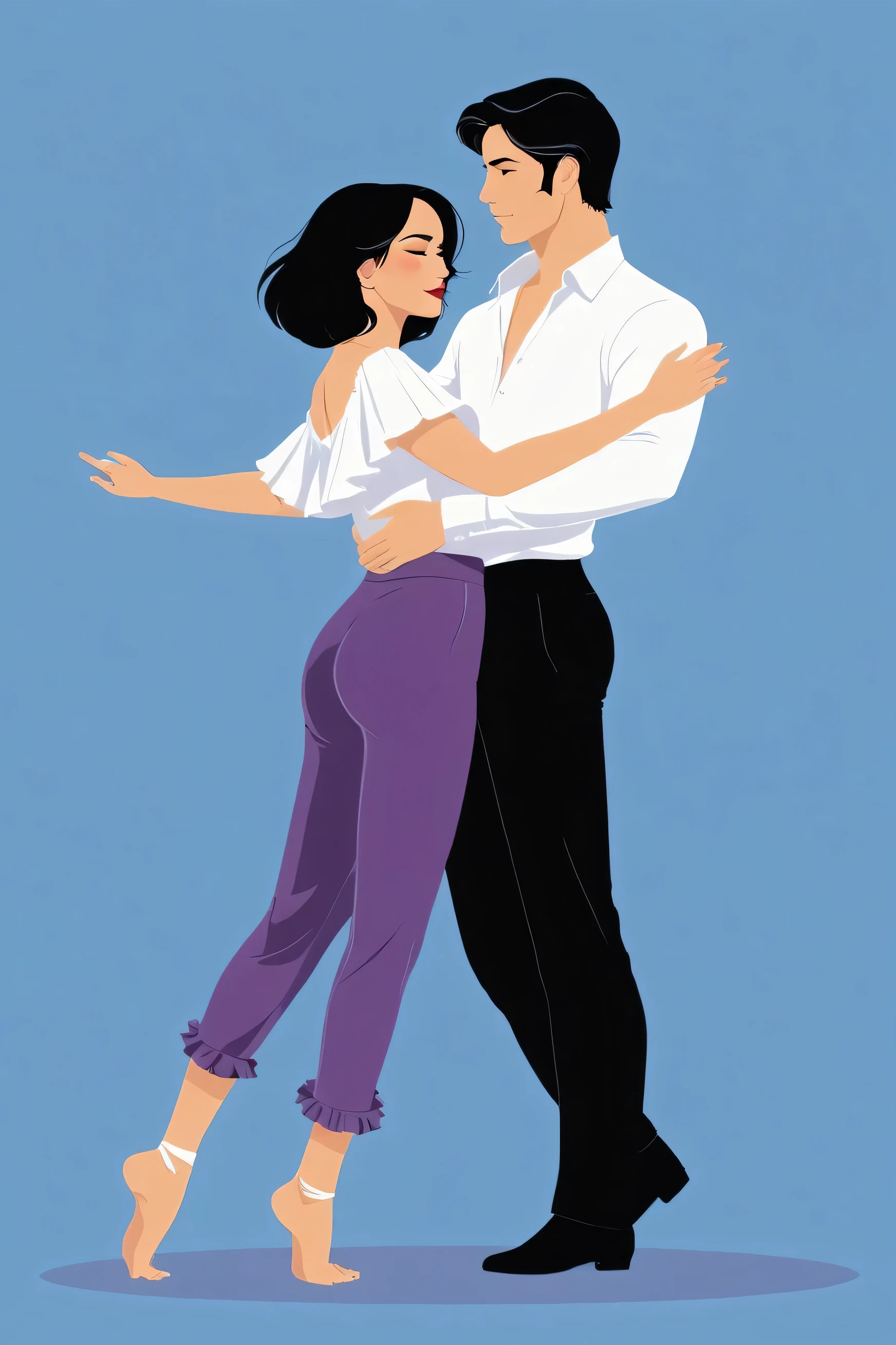 Vector illustration, girl, cleavage, minimalist, flat color , couple in a moment suspended in rhythm—a choreography that pulses with life. Couple entwined, their bodies creating an exquisite arc of movement. Of a Latin dance. Looking at viewers. man with black hair in a white long collar shirt with and black pants. His left hand rests on the partner’s back, guiding her with gentle authority. His right hand clasps hers, a lifeline. Their fingers interlock—a promise of synchrony. woman with black bob hair cut in a short sleeve red ruffle off the shoulder top, and purple pants, One leg lifts, bent at the knee, resting against the leader’s leg. Balance and trust intertwine. Her other foot remains grounded, rooted like a tree. Her free hand extends outward, reaching for the unseen. Blue background