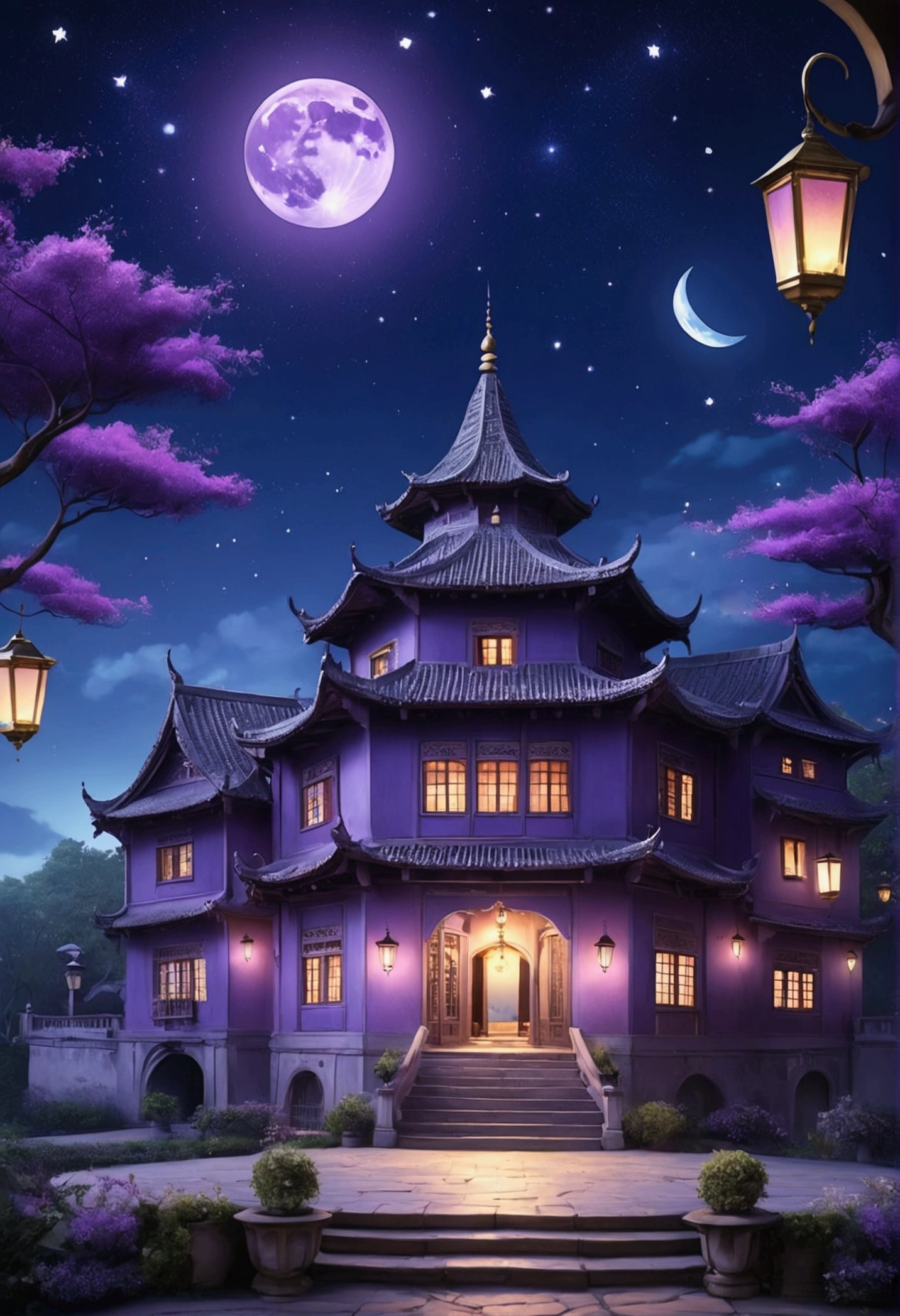 The view of a European style palace at night with a sky of purple and dark blue gradations, scattered with stars and a bright white moon and there are lanterns flying, the view is so magnificent, there are houses and forests, there are also lanterns flying.