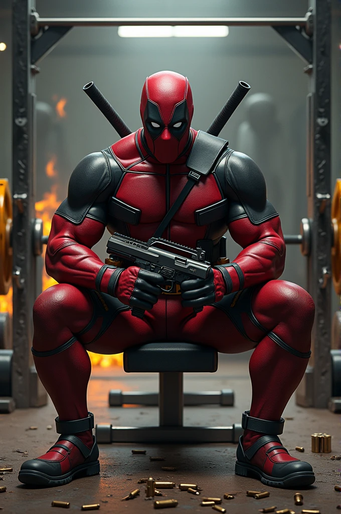 Create a Deadpool in a gym that is sitting on a bench and in one hand he has a gun and the other hand is lifting a large weight and that looks strong and aggressive in a gym environment that the Deadpool is angry and that Allan has bullet cartridges on the floor and also fire that makes it look crazy