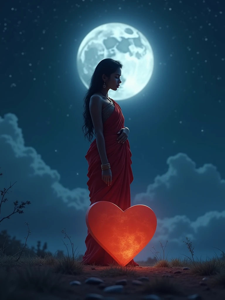 There is a 22 year old Indian girl she is wearing a red saree and she is standing in the moonlight nights there is a very big heart shaped stone in front of her