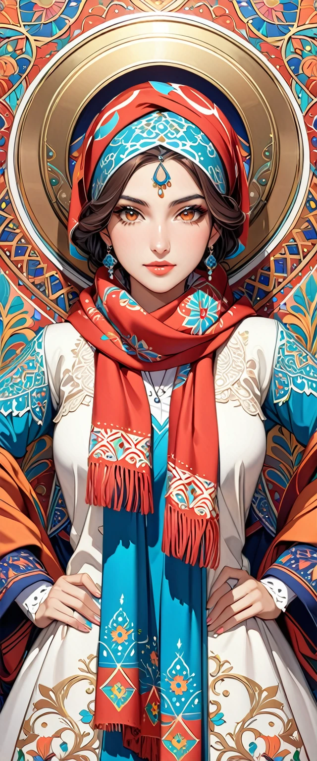 (masterpiece:1.2,Highest quality,Ultra-high resolution,Super detailed),(Best illustrations),8k,wallpaper,(Written boundary depth),(Sophisticated lighting:1.2),BREAK(1 female),(turkish woman:1.6),(Wearing a scarf on her head:1.6),(front:1.6),(The background is a colorful and beautiful arabesque pattern.)