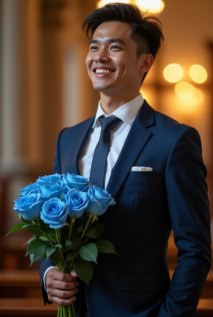 k hd，8K resolution，professional photoshooting，profesional lighting，two very attractive vietnam men，30 age old，brush cut，ssmile，tall and fit，cool guy，A person holds a bouquet of blue roses in his hand, wearing​ a​ sexy suit, ， Impressive appearance，In a luxurious and modern cathedral，The church was full of people and it was a happy, Perfect and highlight moments of their lives.，H super cannon，Details are delicate and perfect，best qualityer，delicated，highly  detailed。Ultra-high resolution，Complicated detailinely detailled，physically-based renderingt，Good balance，edge lit，tack sharp focus，photograph of-realistic，photorealistic  art，HDR，realistic model,sweat, lewd face, firm chest, sexual, provocative, lustful, accessories include a luxury wristwatch, casual cufflinks and a simple but elegant leather belt, looking at the viewer, muscle veins, lightly tanned skin, drooling, slimy, sticking out tongue, wanting to show off chest 