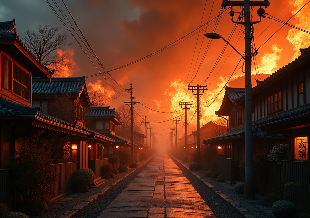 Japan village in fire but no people