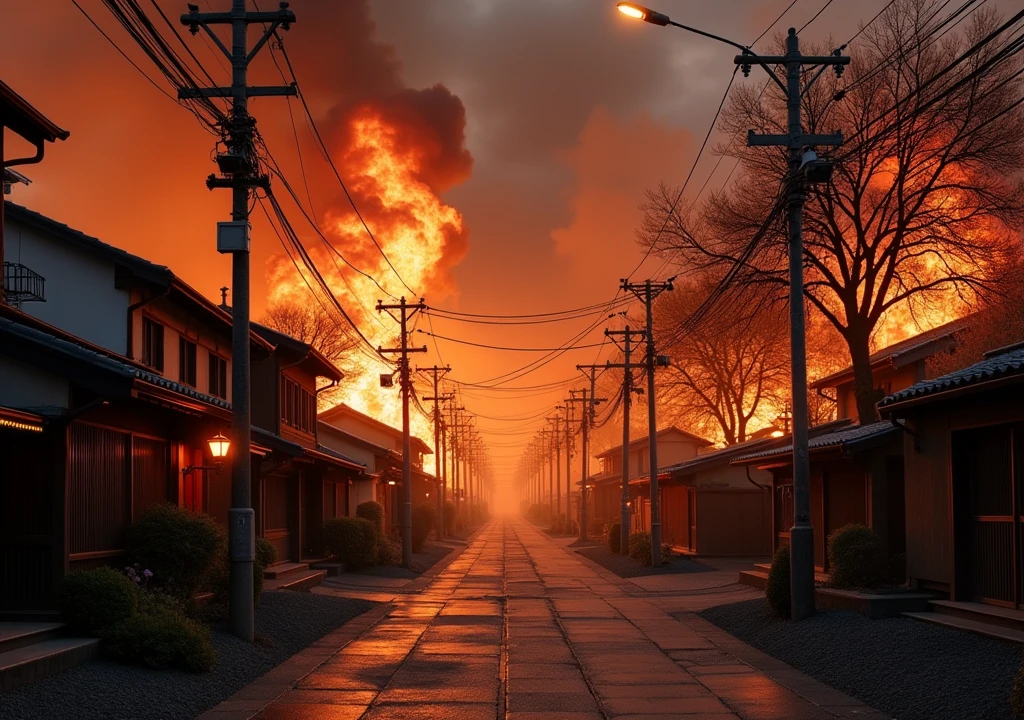 Japan village in fire but no people 