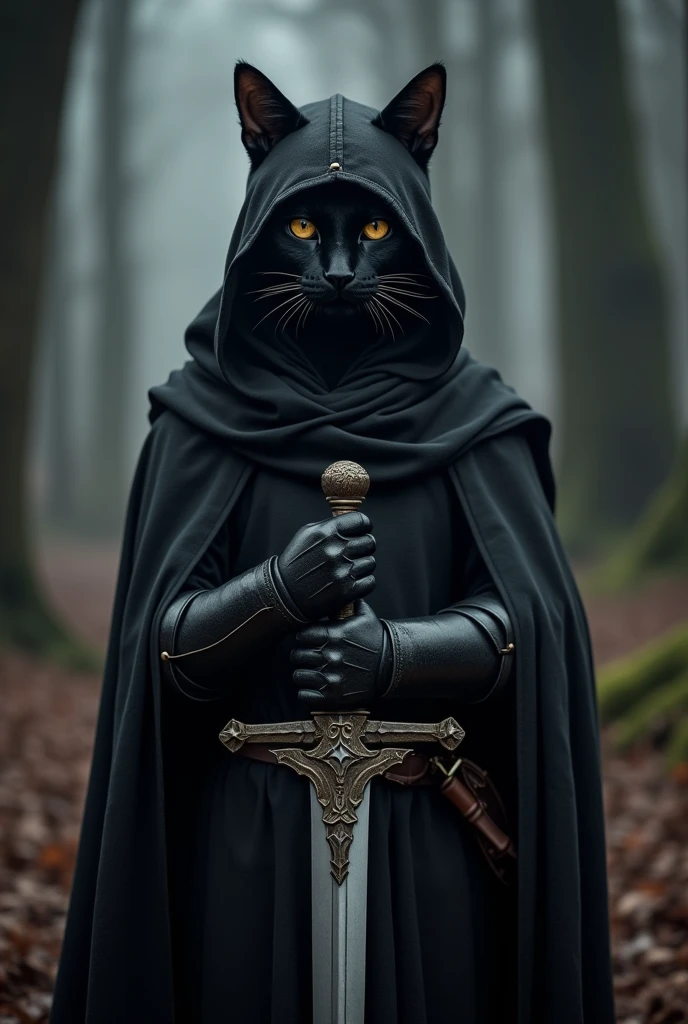 Black cat-faced knight with hood and a sword in a forest with darkened background