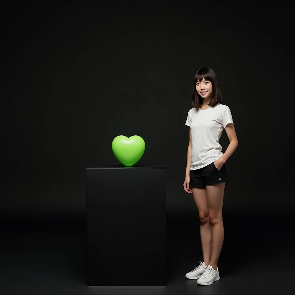 main item is a high ,black ,huge surface ,table displaying a very small green cude(size like a fist) with no shadow ,  
and a 16years old ,CUTE, BEAUTIFUL ,asian, with Bangs,white T shirt,black shorts, super huge boobs(34 E CUP) ,very white skin tone ager standing next to it 
and the whole body facing the camera
the back ground is a black wall
taking a realistic far view photo