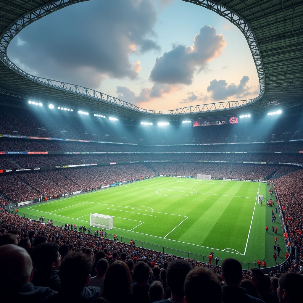 (photorealism:1.2), Football stadium full of people inside the stadium and outside with an incredible atmosphere