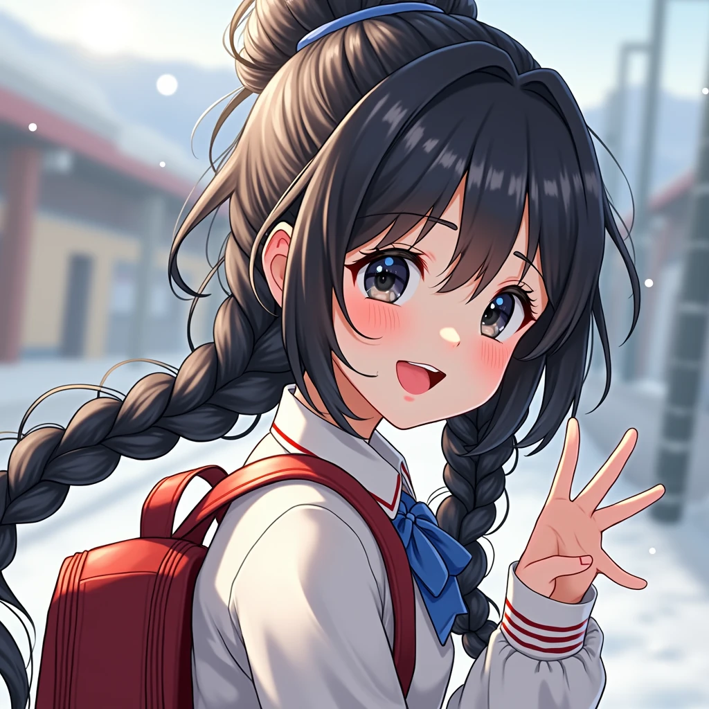 girl1人\(very cute,Soft Skin,(girl:2.0),red面,Child body type,Dark Eyes,Black Hair,Shiny Hair,Braided twin tails,Pink Skirt,White jacket(Blue Ribbon\),Japanese school bags(red\), Character Focus,Front view,Cute Smile,Please wave your right hand,white breath,Ministry of Rural Affairs,shining white snow,blue sky,Beautiful Clouds,quality\(8k,Very detailedなCGユニットの壁紙, masterpiece,High resolution,top-quality,top-quality real texture skin,Surreal,Increase the resolution,RAW Photos,highest quality,Very detailed,Cinema Lighting,Ray Tracing,)