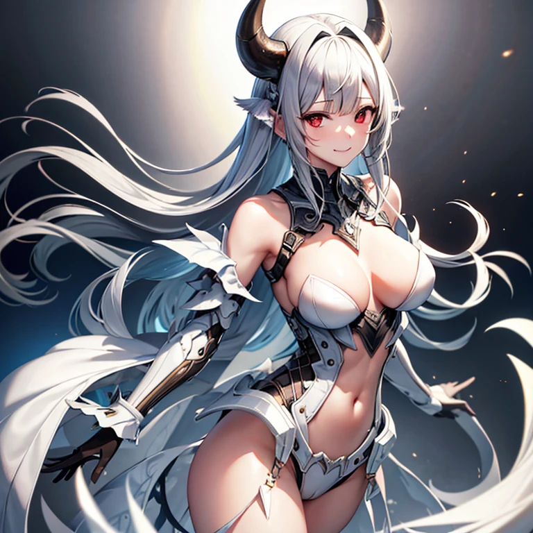 (最high quality, masterpiece), Standing girl, ((three views, Front, back and sides))), full body, Simple Background, High resolution, gauze, smile, Shortcuts, bangs, Red eyes, Headpiece, 目の間のbangs, head band, Horns of the beast, Accurate, Anatomically correct, Attention to detail, High resolutionモデル, high quality, Very detailed, Grey Hair, Silver Hair, Intersecting bangs, Hide your ears, Please open your mouth a little, Smiling with teeth showing, Slanted Eyes, bonus, Mole at the corner of the mouth, Feather Hair Accessories, Cast a Shadow, 8k octane, anime, Brown Skin, Bone wings on the back, Exposed breasts, Exposed shoulders, mechanical,