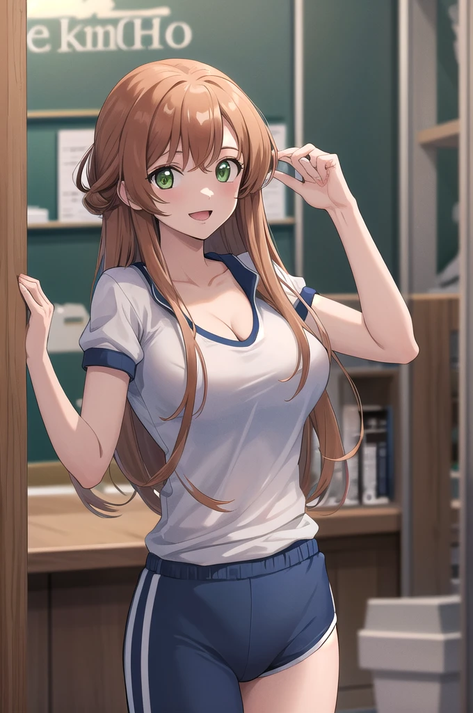 masterpiece, best quality,score_9, score_8_up, score_7_up, score_6_up, score_5_up, score_4_up,masterpiece, best quality,masterpiece, Highest quality, High resolution, Humusil, Long Hair, Green Eyes, Cowboy Shot, smile,cleavage between breasts,large breasts,bedroom,buruma, gym uniform,