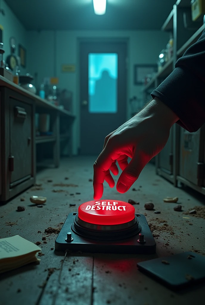 A hand about to press a button that says self-destruct. And in the background an abandoned laboratory experiment room and in one corner there is a door with a small glass window where a blue flash can be seen 
