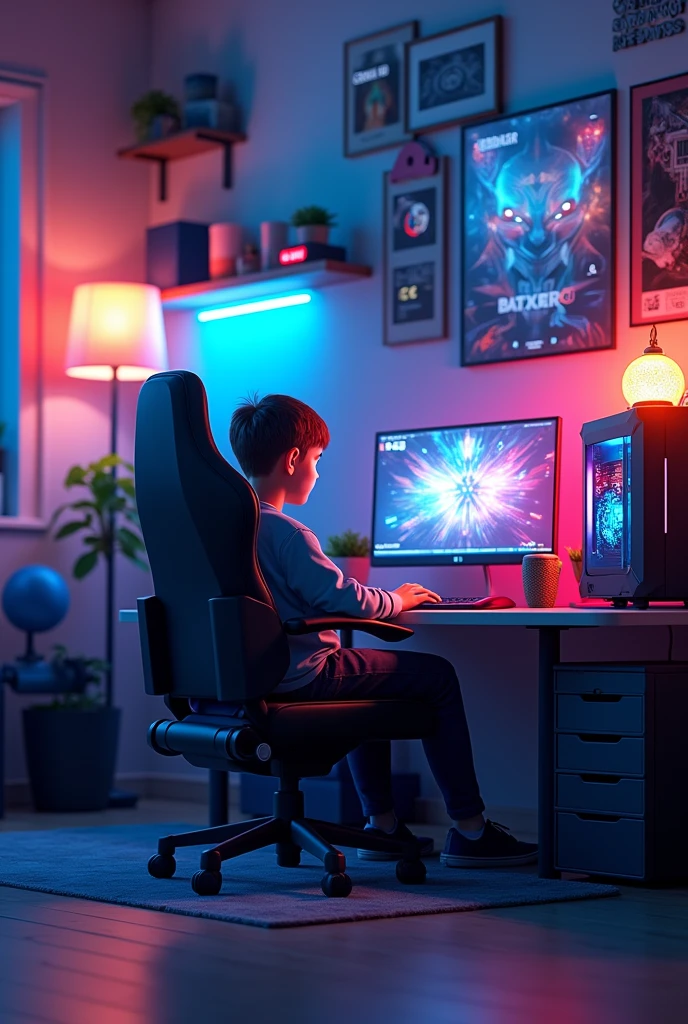 Creat 3d logo background a in Gaming room sit boy his gaming chair and his pc in write "fact_gamer326"