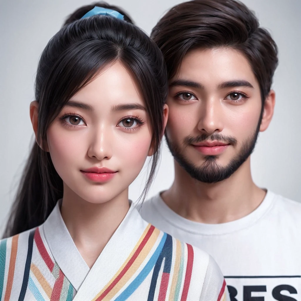 a very realistic, very detailed, sharp and clear potography portrait in a pro camera shot with a medium distance, an adorable beautiful Asian woman, round face, clean face and body skin with a very detailed texture, she has a black ponytail with a blue ribbon. She is wearing a casual white Muslim abaya dress with a colorful straight line pattern, beside her is a handsome young man with a t-shirt with the text "BES" printed on the t-shirt, side by side and holding hands, busy with a serious expression making an unfinished temple from the watery beach sand. The background is a beach with waves, islands, coconut trees, UHD, 16k