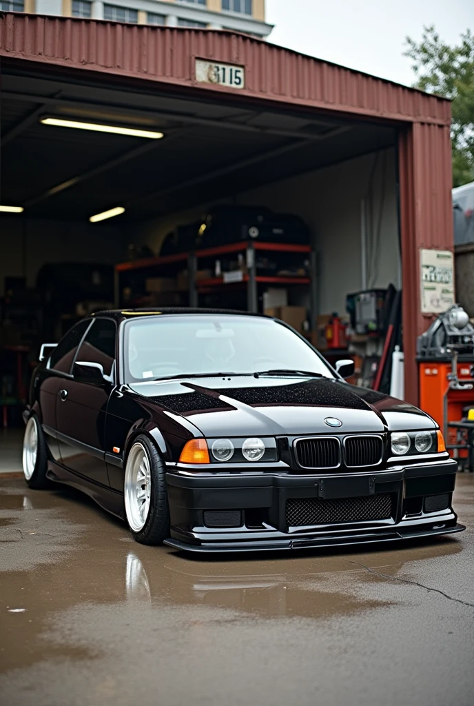 Black BMW e36 lowered in a workshop with tools around the yard with iron garage written on it - Betin