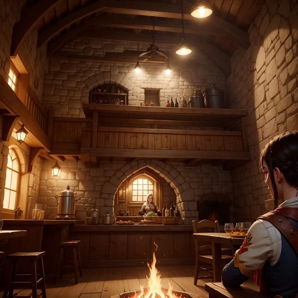 medieval tavern inside, overwatch style, with fireplace