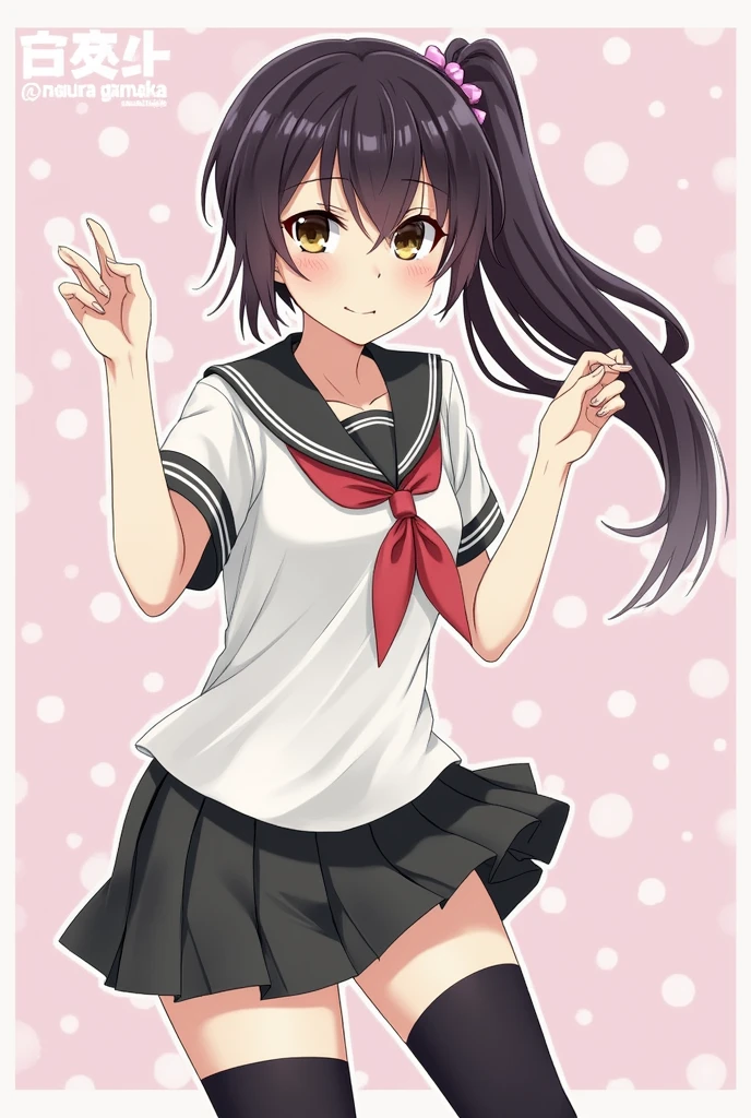 Cute type　Tomboy beautiful girl with black hair and pigtails　School Uniforms　I'm going to be late　Awawawawawa