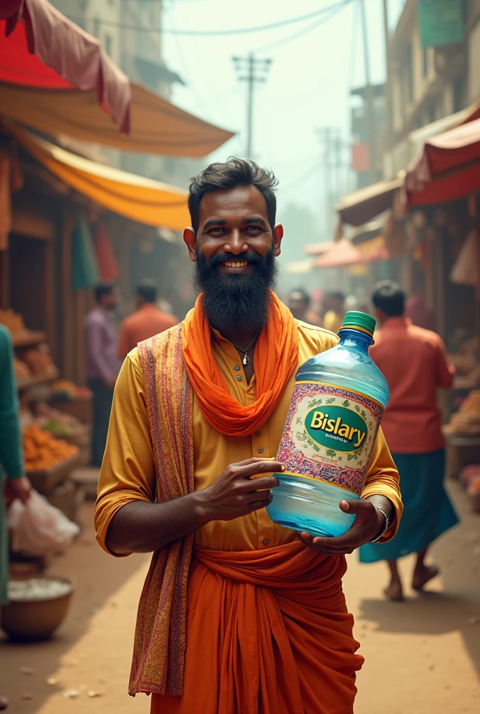 Create an indian sales man image holding 20 lt water jar bislary 