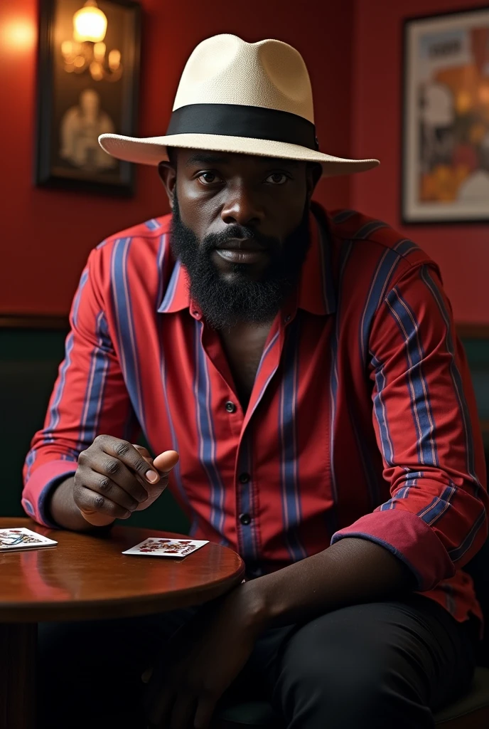 tall black african man with thick lips and muscular black hair wearing a long-brimmed white panama hat wearing a red and blue alternate horizontal striped shirt and black pants. In his hand he carries a razor and a deck of cards, sitting at a table in a cabaret..