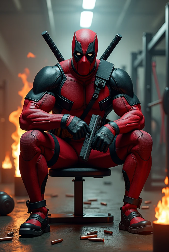 Create a Deadpool in a gym that is sitting on a bench and in one hand he has a gun and the other hand is lifting a large weight and that looks strong and aggressive in a gym environment that the Deadpool is angry and that Allan has bullet cartridges on the floor and also fire that makes it look crazy