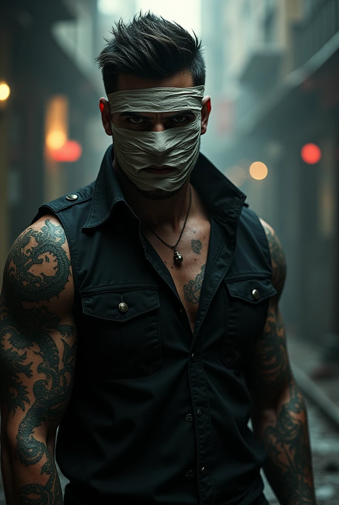 Sigma Black shut man her face cover with bandage and blood and Dragon tattoo on her laft hand he is look like gangster 
