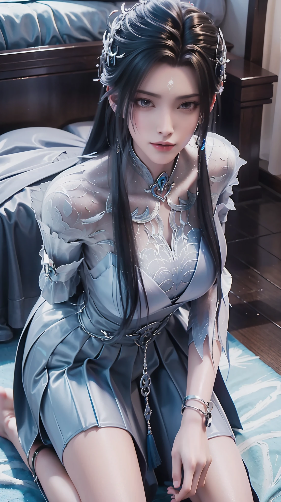 best quality,masterpiece,The Ultimate Solution,Fluffy,Extremely colorful,Mature beautiful woman,(Dress school uniform),Lace skirt,(Beautiful woman beheaded),Normal posture,(Kneeling),Kneeling on the bed,shackles,Beheading,collar,barefoot,Normal posture