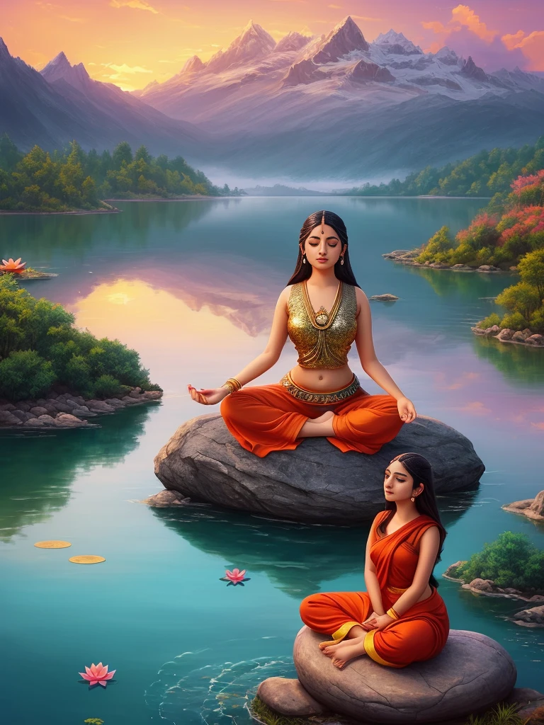 a woman sitting on a rock in front of a lake with a sunset, digital art by Cyril Rolando, trending on cg society, fantasy art, hindu stages of meditation, hindu aesthetic, indian goddess, beautiful goddess, indian goddess of wealth, meditating, meditating pose, meditation pose, lotus pose, beautiful depiction, yoga meditation pose, sacred feminine, meditation