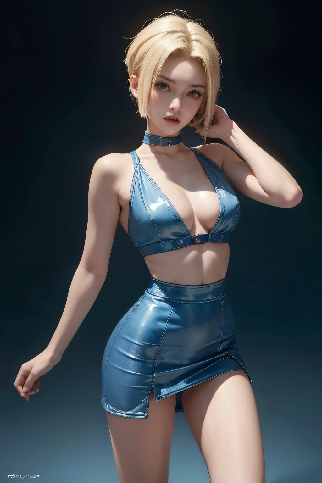 Android18 from dragon ball Z, blonde, bobcut hair, (hi-top fade:1.3), blue theme, erotic tones, vibrant colors, high contrast, (natural skin texture, hyperrealism, soft light, sharp), sexy, cleavage, mini skirt