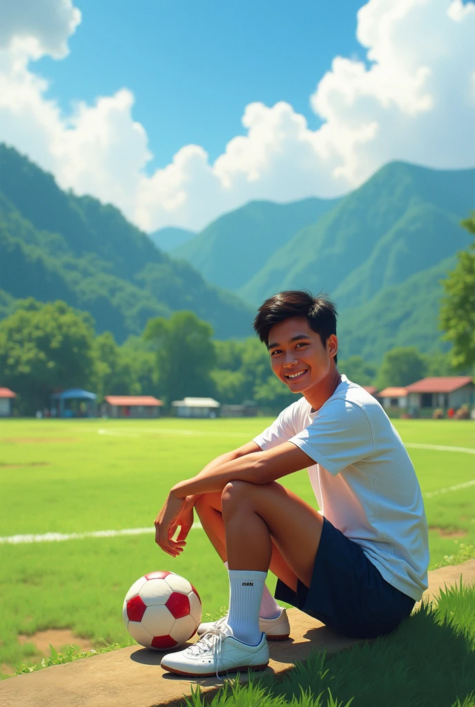 Smudge painting. A young man from Indonesia aged 20 years, brown skin, short black hair, thin and neat. He was wearing a t-shirt and shorts, socks and white Puma football shoes. Sitting on the edge of the village football field, there is a ball by his side, his expression is smiling, facing the camera. The atmosphere of the football field was very beautiful, you could see green mountains and hills covered in clouds from a distance, the sunny weather in the afternoon added to the cool and beautiful impression.