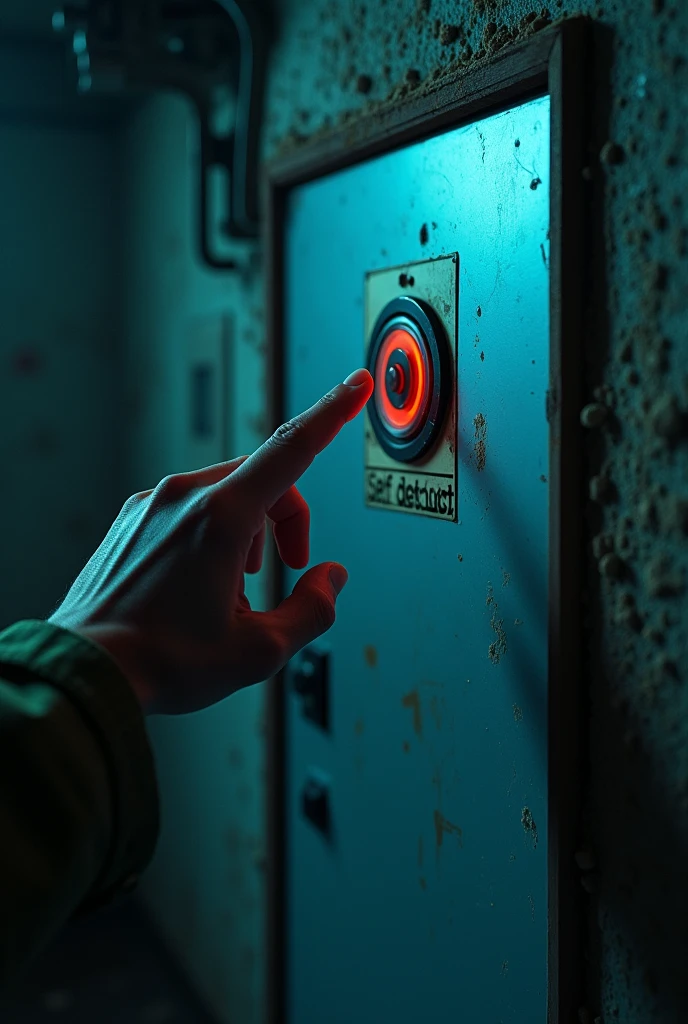 A hand about to press a button that says self-destruct on the wall. And in the background an abandoned laboratory experiment room and in one corner there is a door with a small glass window where a blue flash can be seen 