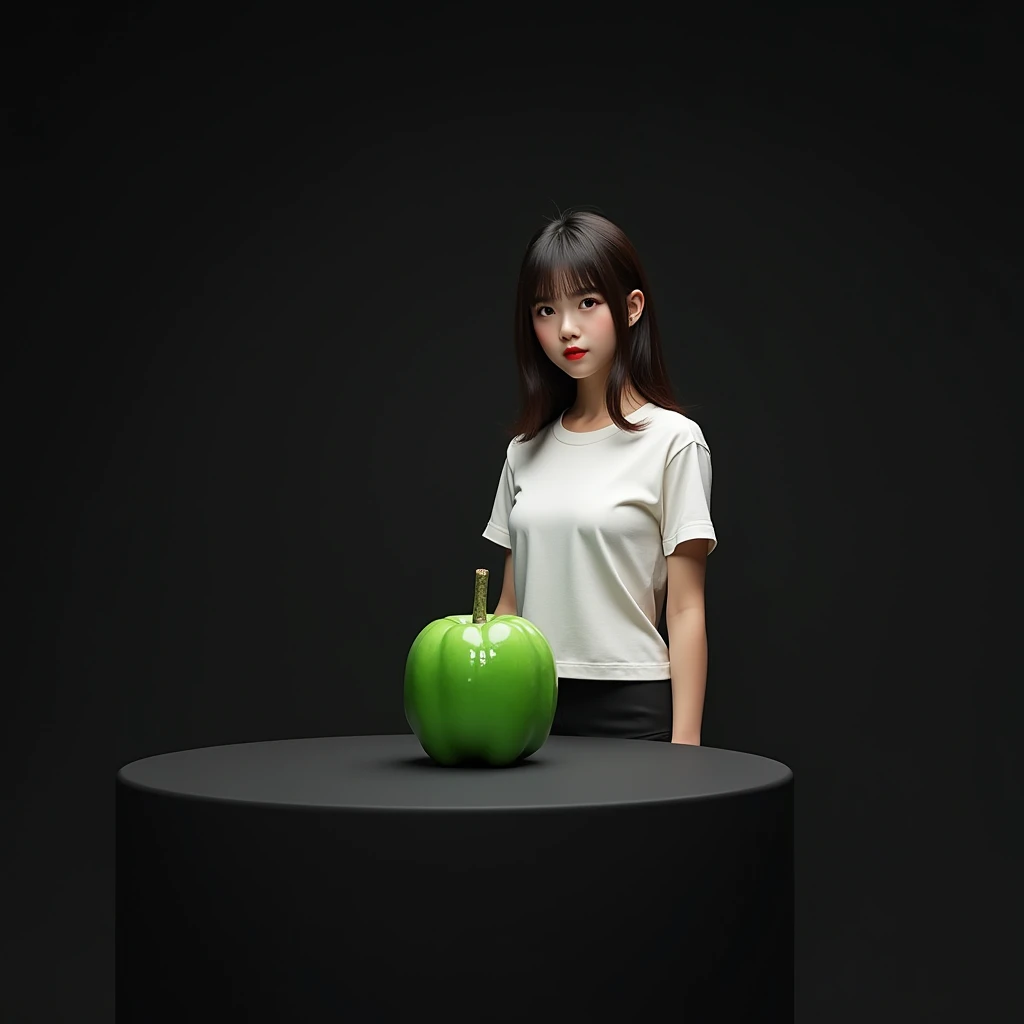 main item is a high ,black ,huge surface ,table displaying a very small green cude(size like a fist) with no shadow ,
and a 16years old ,CUTE, BEAUTIFUL ,asian, with Bangs,white T shirt,black shorts, super huge boobs(34 E CUP),a little plump body shape ,very white skin tone teenager standing next to it
and the whole body facing the camera
the back ground is a black wall
taking a realistic far view photo