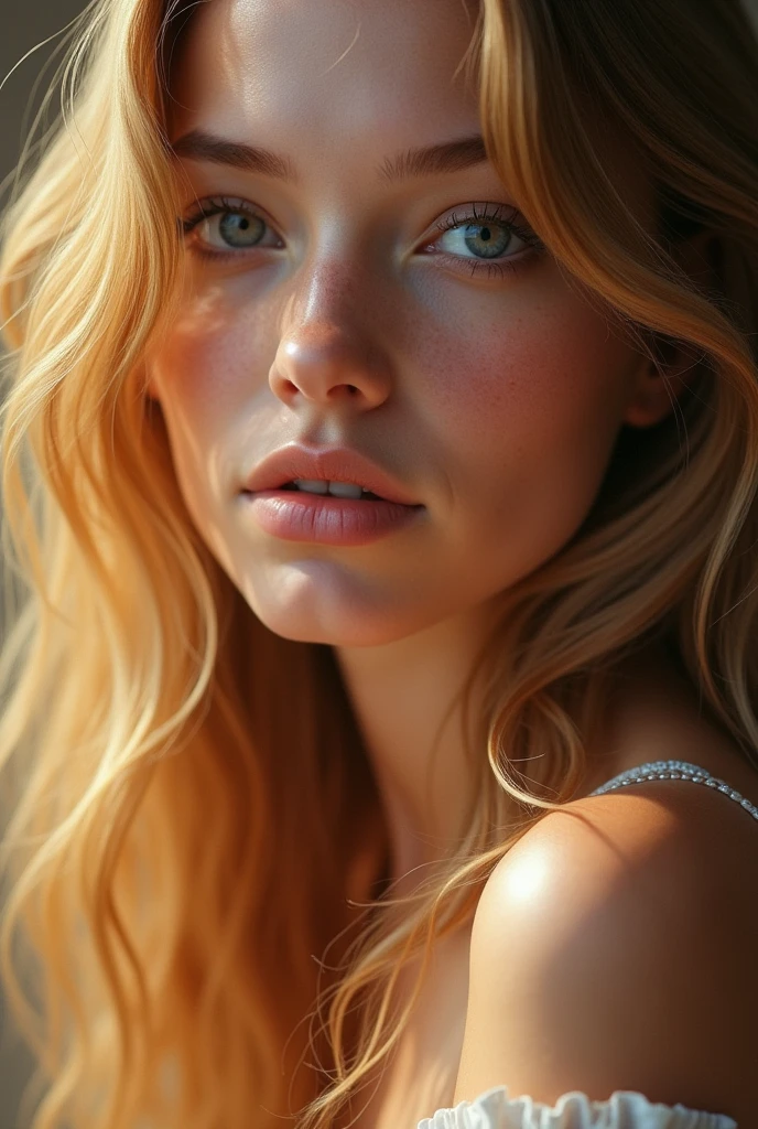 An American beautiful girl with a golden wave hairs