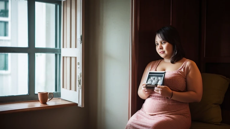 a middle-aged overweight Malaysian woman sitting alone at a window at night, (holding a photo of herself when she was thinner), with a melancholic expression, soft lighting