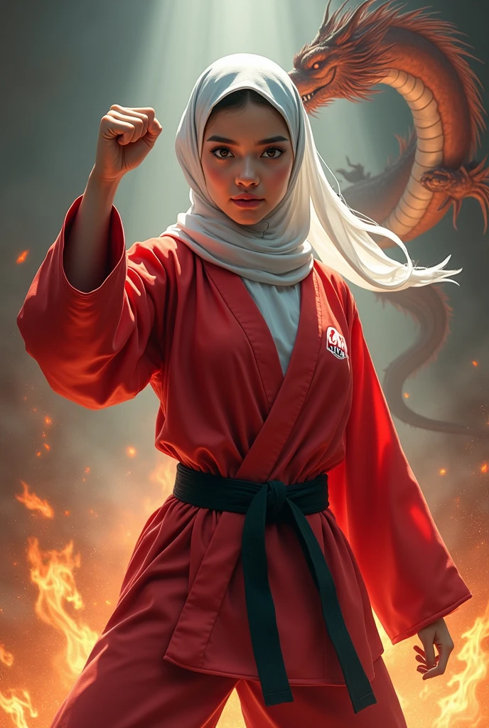 young woman in hijab with red and white karate uniform. with punching hand. surrounded by dragon and fire. on the karate uniform there is a writing "Miya"