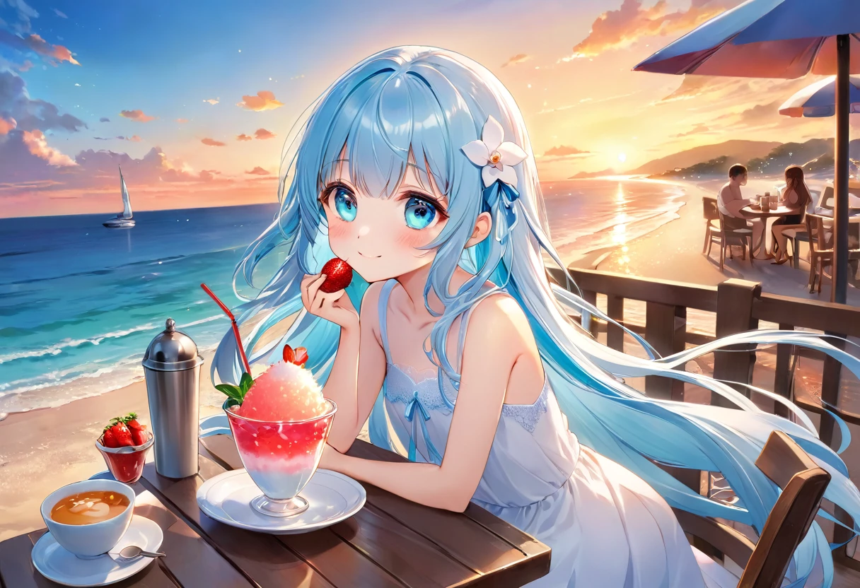masterpiece, best quality, extremely detailed, (illustration, official art:1.1), 1 girl ,(((( light blue long hair)))), ,(((( light blue long hair)))),light blue hair, , long hair ((blush)) , cute face, big eyes, masterpiece, best quality,(((((a very delicate and beautiful girl))))),Amazing,beautiful detailed eyes,blunt bangs((((little delicate girl)))),tareme(true beautiful:1.2), sense of depth,dynamic angle,,,, affectionate smile, (true beautiful:1.2),,(tiny 1girl model:1.2),)(flat chest)、Seaside, blue eyes, Seaside café at sunset、White dress, Cafe, Profile, Beach,Beach parasol, Relax, tropical juice, aquamarine hair, water drop、There is fried noodles on the table、、Eating strawberry shaved ice with relish、A cafe decorated with lots of orchid flowers、