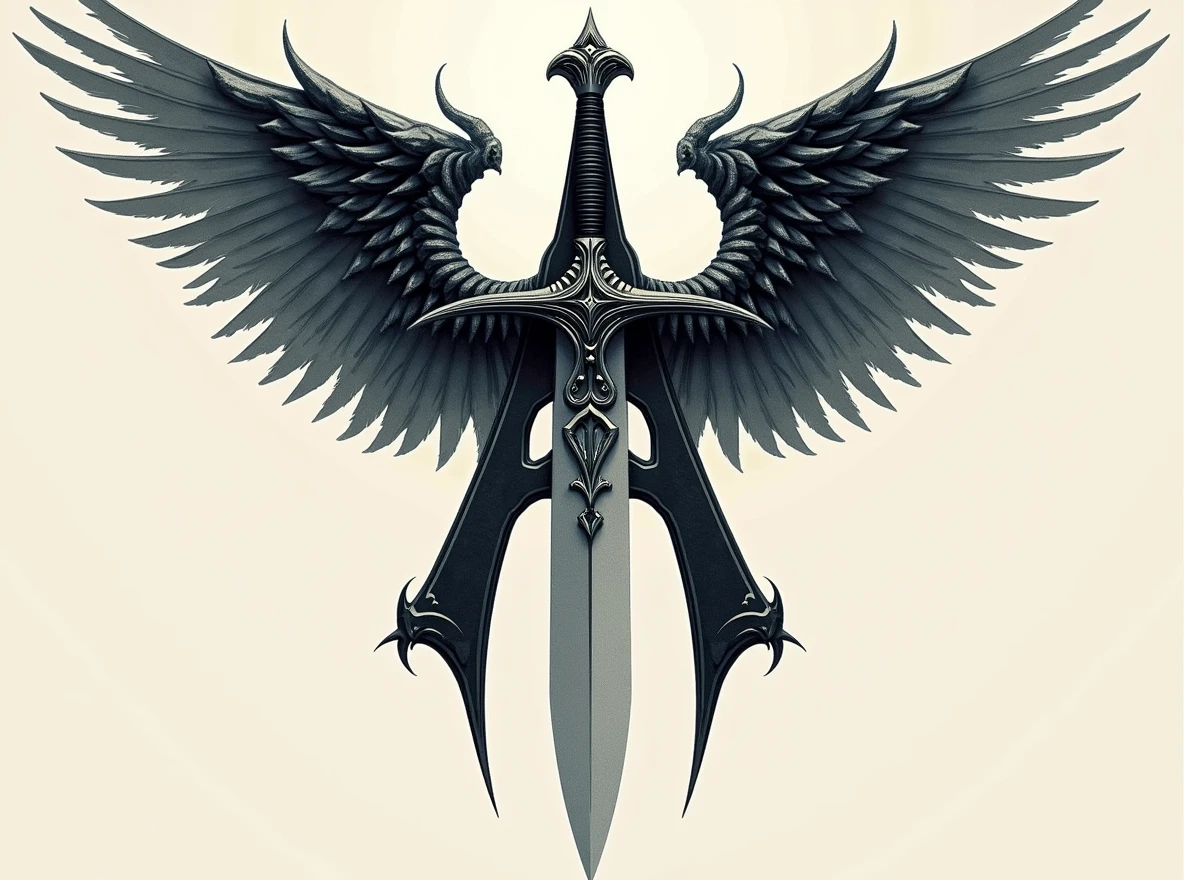Replace the sword with an Athame dagger, featuring a thin, double-edged blade and a decorative handle. Ensure the 'A' shape and the wings remain intact and unchanged. The Athame should fit naturally into the design, maintaining the same alignment and position as the original sword, with the overall dark fantasy aesthetic.