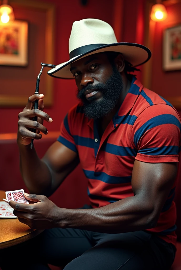 exu zé pelintra, black male,Cao Cao,eyes browns,beard made,white suit,red shirt,smoking a cigarette,holding a cup of beer,wide brimmed white hat with red ribbon, braided hair falling over the shoulders,wearing gold male chains,in a cabaret,surrounded by women,on a desk,playing cards and dice,happy