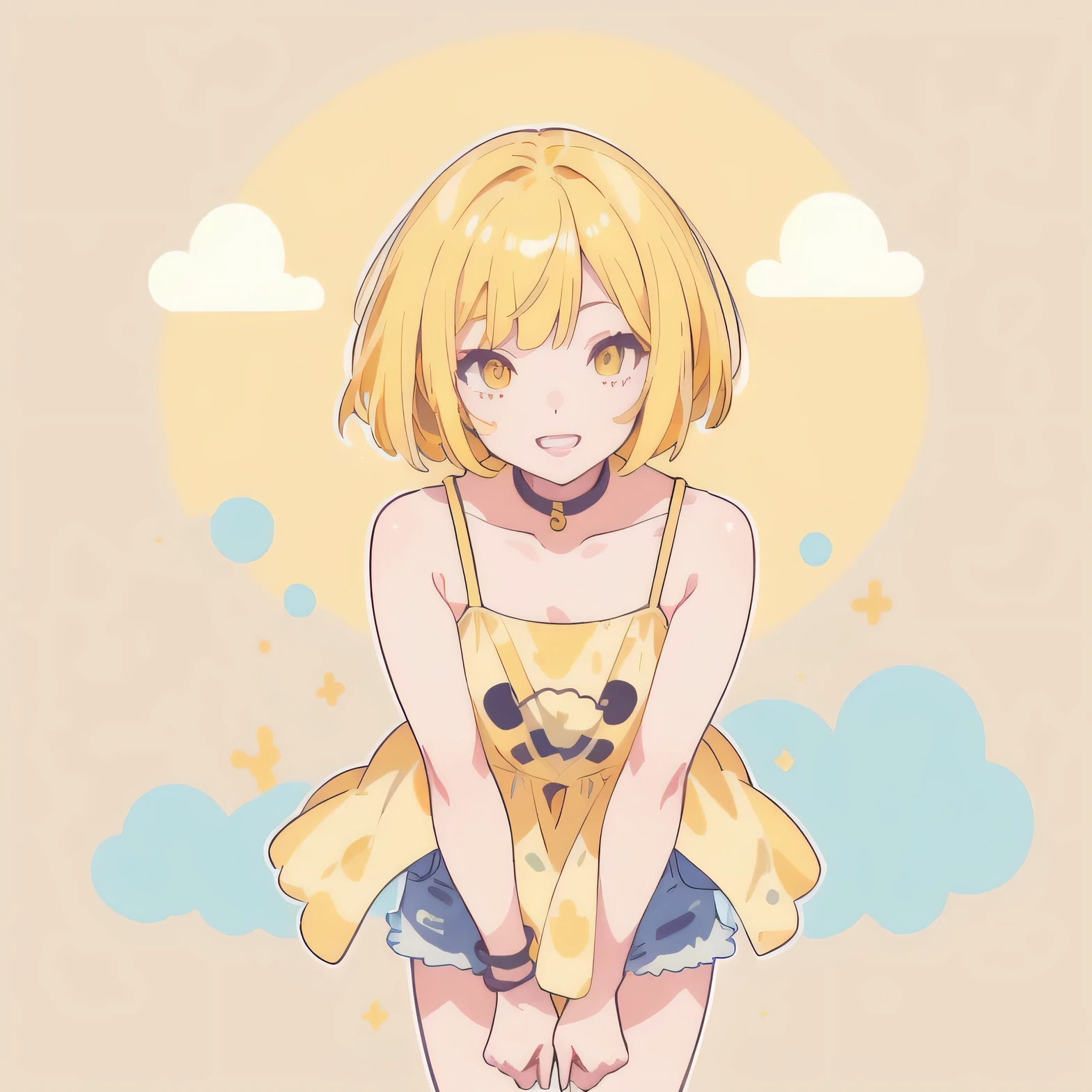 masterpiece, best quality, solo, 1girl,
laugh loudly, (yellow hair, bob cut) and (yellow eyes), (summer casual and cute clothes), (((bold outline))), Vector art, (no background)