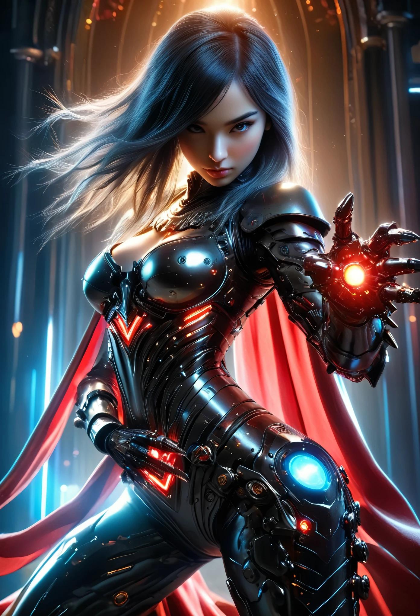 (Best Quality, 4K, 8K, High Resolution, Masterpiece: 1.2), (Super Detailed, Realistic, Photorealistic:1.37), A woman in futuristic clothing, (erotic and sexy:1.4), Trending on cgstation, Trending on cgstation, (Portrait of a girl in the Knights of the Zodiac:1.4), (blunt bangs:1.7), Cute Cyborg Girl, Perfect android girl, Portrait Astronaut Girl, Beautiful girl cyborg, Girl wearing black pale blue iridescent red mechanical cyber armor, Game CG, cgsociety and fenghua zhong, Beautiful Cyborg Shrine Maiden, Bioluminescence, (Gal Gadot:0.6), Anatomically correct grip, Anatomically correct four fingers and one thumb, (long claws:1.4), erotic and sexy, A gorgeous cape with beautifully detailed embroidery, energy ball, white back, concept art
