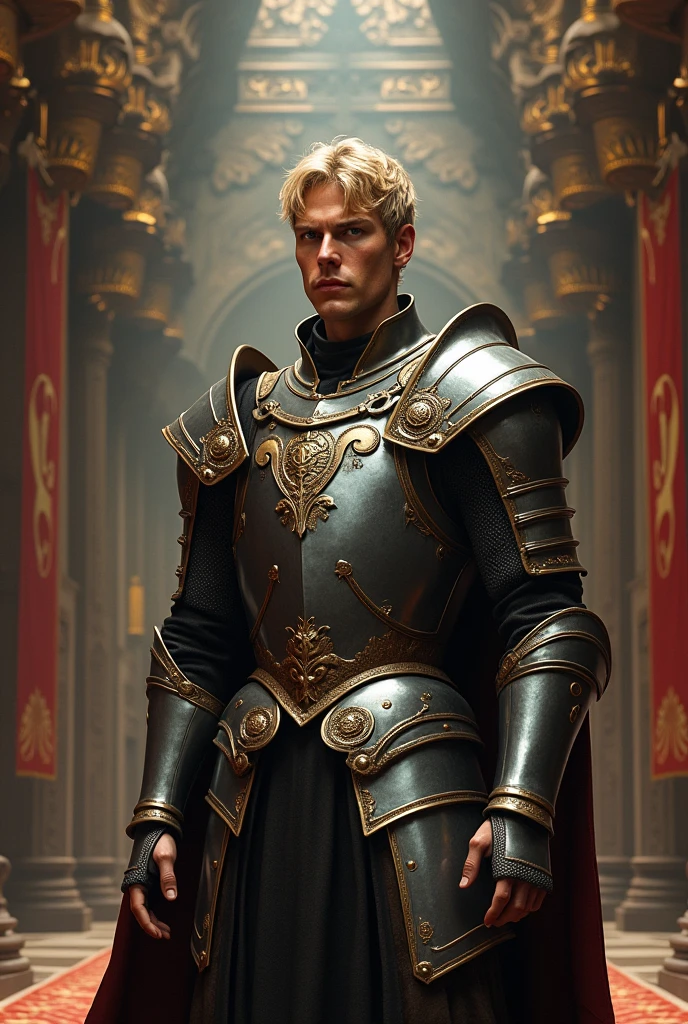 Man with semi-short blond hair wearing armor in a castle setting 