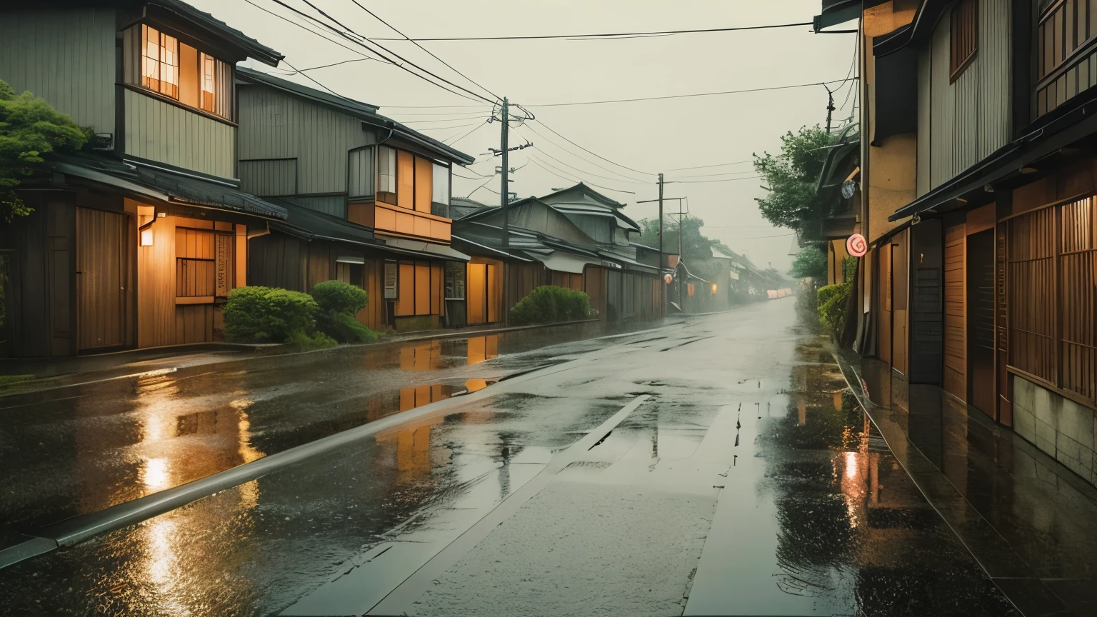 Please draw a rainy scene with a nostalgic atmosphere.。A slightly dark sky。Japanese summer scenery。Local metropolis。With a texture like that of colored pencils、Make it look just like the picture。