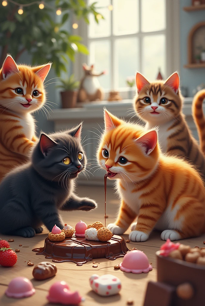 Hey give me some photos of cat in which they are eating chocolate,ice-cream, lime juice, girl dolls,and toys as showing and cats are enjoying