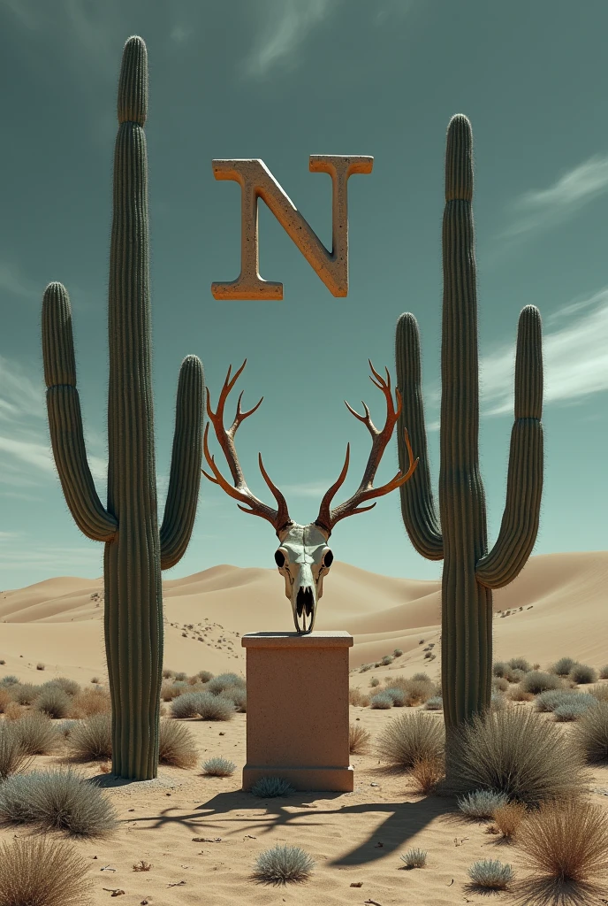 Desert a two cactus with a deer skull in the center a little above with the letters SN above flying in the center
