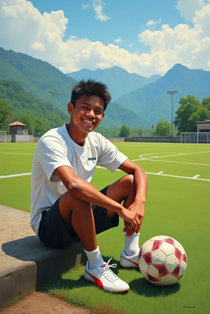 Oil painting. A young man from Indonesia aged 20 years, brown skin, short black hair, thin and neat. He was wearing a t-shirt and shorts, socks and white Puma football shoes. Sitting on the edge of the village football field, there is a ball by his side, his expression is smiling, facing the camera. The atmosphere of the football field was very beautiful, you could see green mountains and hills covered in clouds from a distance, the sunny weather in the afternoon added to the cool and beautiful impression.