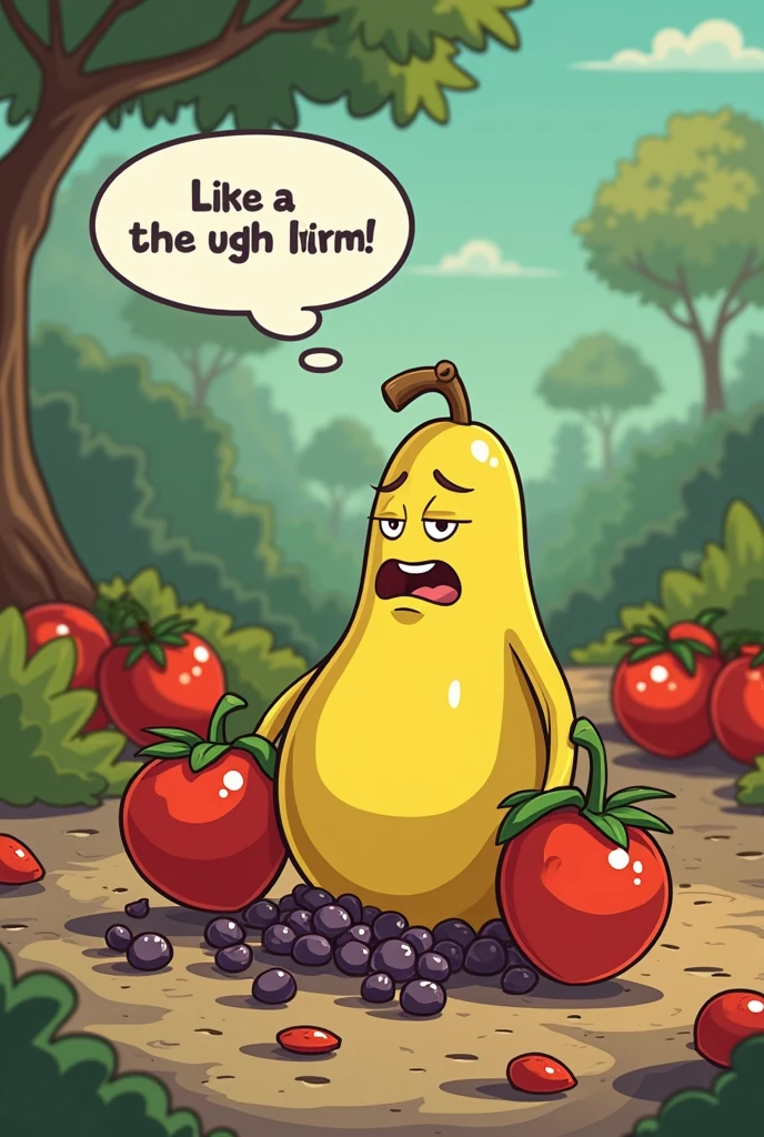 cartoon animation about fruits talking sadly about what it's like to be wasted in the trash