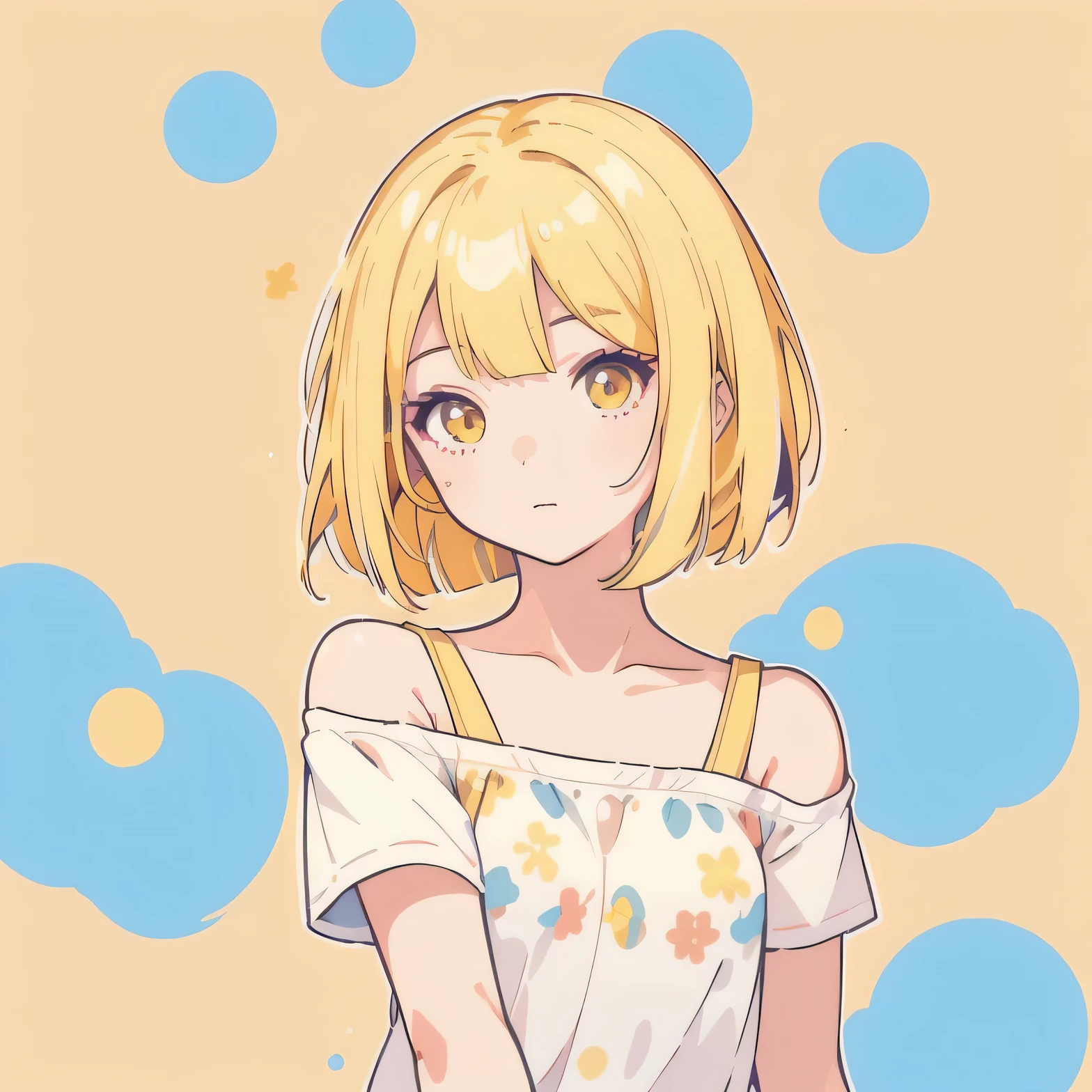 masterpiece, best quality, solo, 1girl, expression of joy, (yellow hair, bob cut) and (yellow eyes), (summer casual and cute clothes), (((bold outline))), Vector art, (no background)