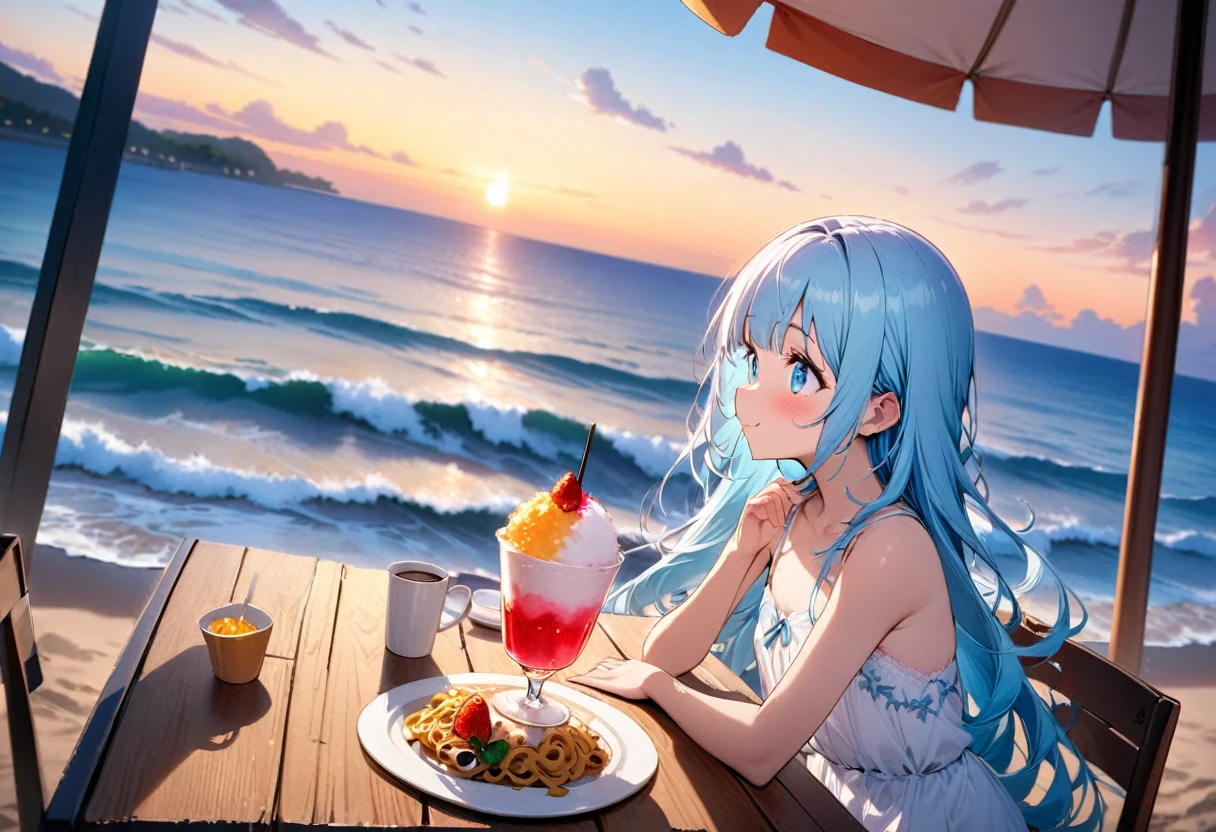 masterpiece, best quality, extremely detailed, (illustration, official art:1.1), 1 girl ,(((( light blue long hair)))), ,(((( light blue long hair)))),light blue hair, , long hair ((blush)) , cute face, big eyes, masterpiece, best quality,(((((a very delicate and beautiful girl))))),Amazing,beautiful detailed eyes,blunt bangs((((little delicate girl)))),tareme(true beautiful:1.2), sense of depth,dynamic angle,,,, affectionate smile, (true beautiful:1.2),,(tiny 1girl model:1.2),)(flat chest)、Seaside, blue eyes, Seaside café at sunset、White dress, Cafe, Profile, Beach,Beach parasol, Relax, tropical juice, aquamarine hair, water drop、There is fried noodles on the table、、Eating strawberry shaved ice with relish、A cafe decorated with lots of orchid flowers、